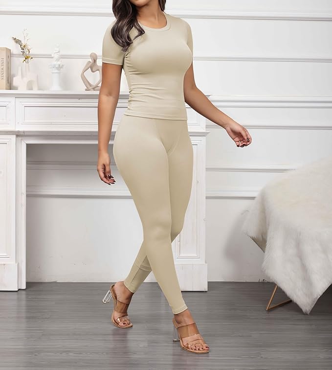 PINSV 2 Piece Sets for Women Summer Casual Jogger Workout Outfits Fitted Crew Neck T-shirt High Waist Legging Sets