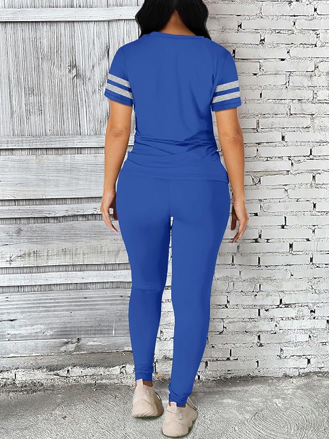 Two Piece Sets for Women Summer Short Sleeve Striped Crewneck Slim Fit Active Casual Sweatsuits