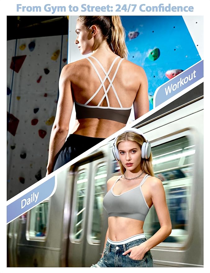 VEQKING Women's Cross Back Sports Bra Padded Strappy Medium Support Yoga Bra for Workout Fitness 3 Pack