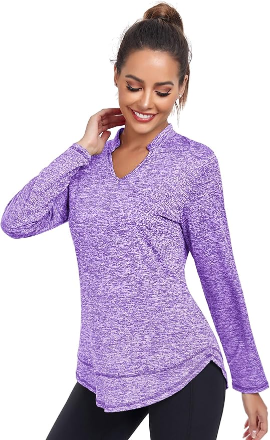 Absttith Women's Long Sleeve Workout Shirts Running Yoga Tops Athletic V Neck Sport Tee Side Split