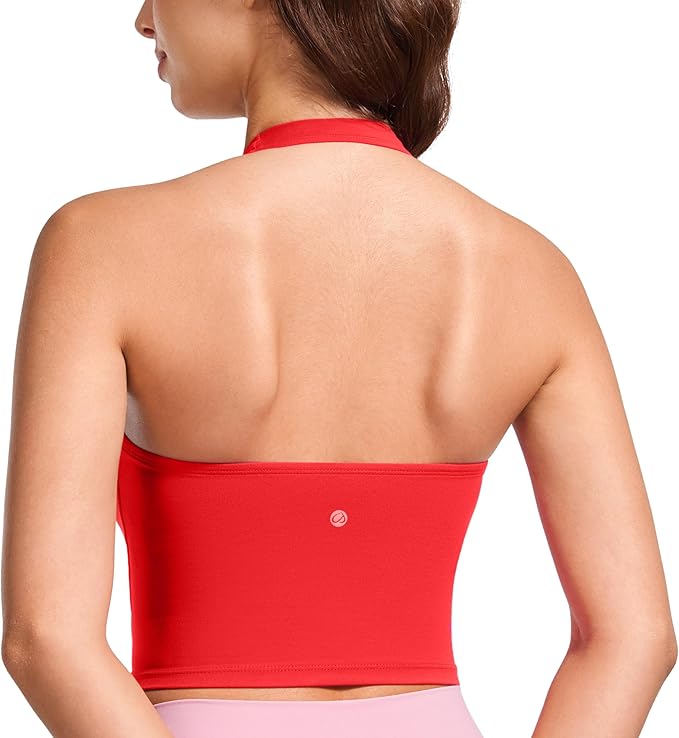 CRZ YOGA Butterluxe Halter Crop Tank Tops for Women - Open Back Padded Longline Sports Bras Workout Gym