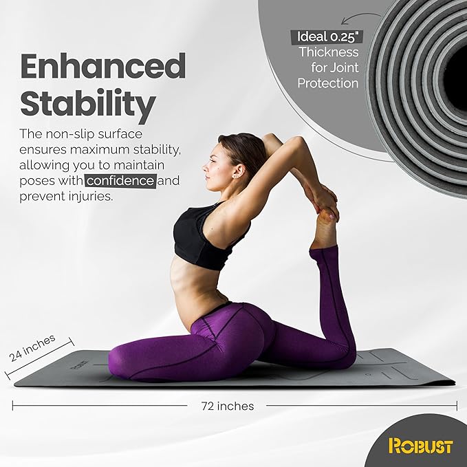 Robust Extra Thick Yoga Mat 1/4 & 1/3 & 2/5 Inch - Non Slip Exercise Mat with Alignment Lines, Carrying Strap, TPE Eco-Friendly Material for Knee Support, Sweat-Proof 72" x 24" for Women & Men
