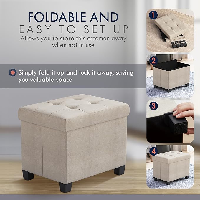 Ornavo Home Storage Ottoman Small Rectangle Ottoman with Legs, Foot Rest Stool Seat, Load up to 600 LB, for Living Room, Bedroom, Home Office, Dorm - 12 x 16 x 12, Beige
