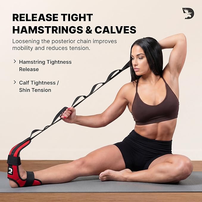 DMoose Fitness Foot & Calf Stretcher with Adjustable Padded Stretching Strap for Plantar Fasciitis, Hamstring, Heel Spurs and Achilles Tendonitis Relief - Yoga Leg Stretch Strap for Flexibility