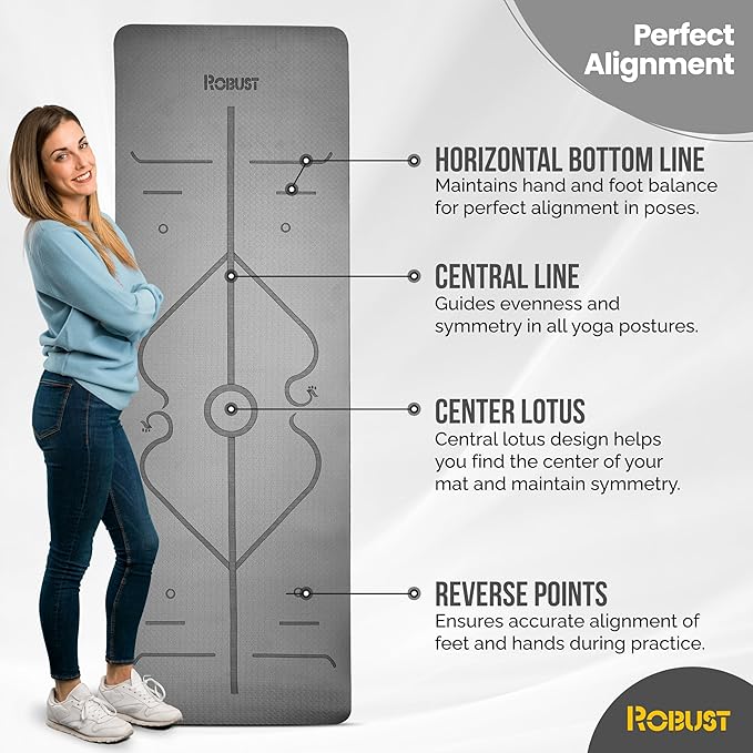 Robust Extra Thick Yoga Mat 1/4 & 1/3 & 2/5 Inch - Non Slip Exercise Mat with Alignment Lines, Carrying Strap, TPE Eco-Friendly Material for Knee Support, Sweat-Proof 72" x 24" for Women & Men