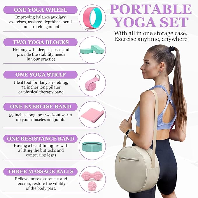 All in One Yoga Wheel Set, Soft Foam Roller Wheel for Back Pain & Stretching, Yoga Blocks 2 Pack with Strap, Trigger Point Therapy Massage Ball for Deep Tissue, Yoga Starter Kit for Beginner
