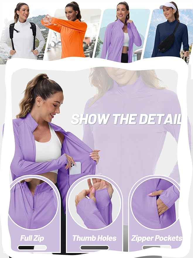 TACVASEN Women's Athletic Jackets Lightweight UV Protection Shirts Full Zip Workout Jacket UPF 50+ Long Sleeve Sun Shirt