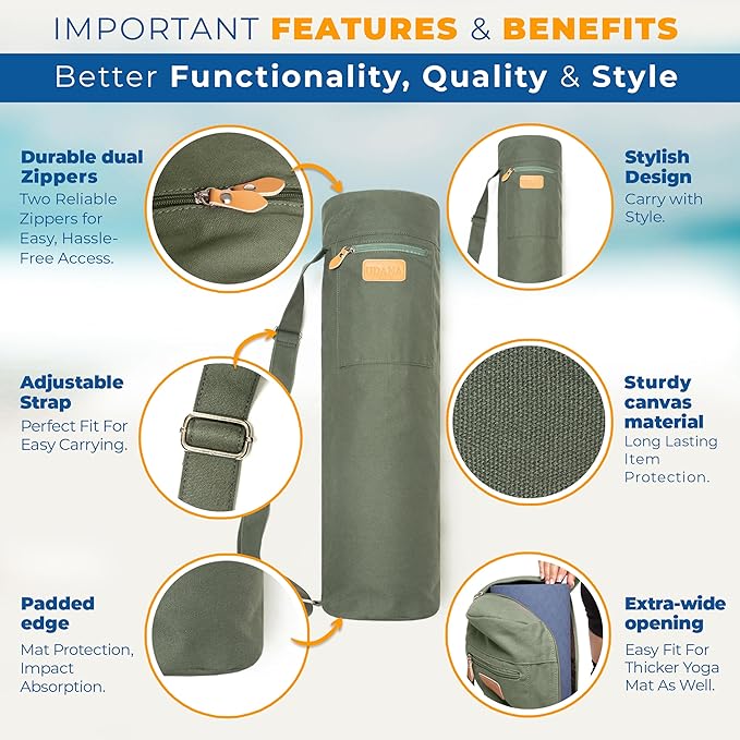 UDANA Yoga Mat Bag – Heavy Duty Canvas Carrier with 3 Pockets & Full Zip – Available in 3 Sizes (16L, 18L, 34L) - Multiple Colors