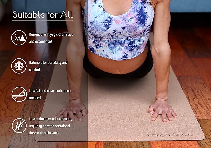 3mm Thick, 72" x 24" Natural Rubber Cork Yoga Mat, Hot Yoga Mat, Non Toxic, TPE-Free, Sustainable, Eco-Friendly, Non-Slip, Odor Resistant