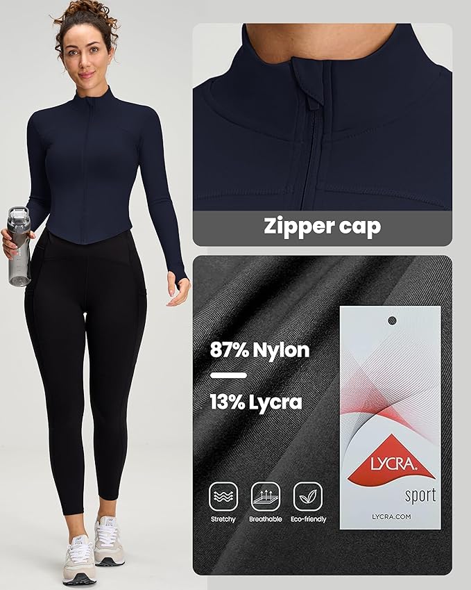 Women BBL Jacket Full Zip UP Workout Athletic Cropped Jacket wIth Thumb Holes Running Yoga Sportswear