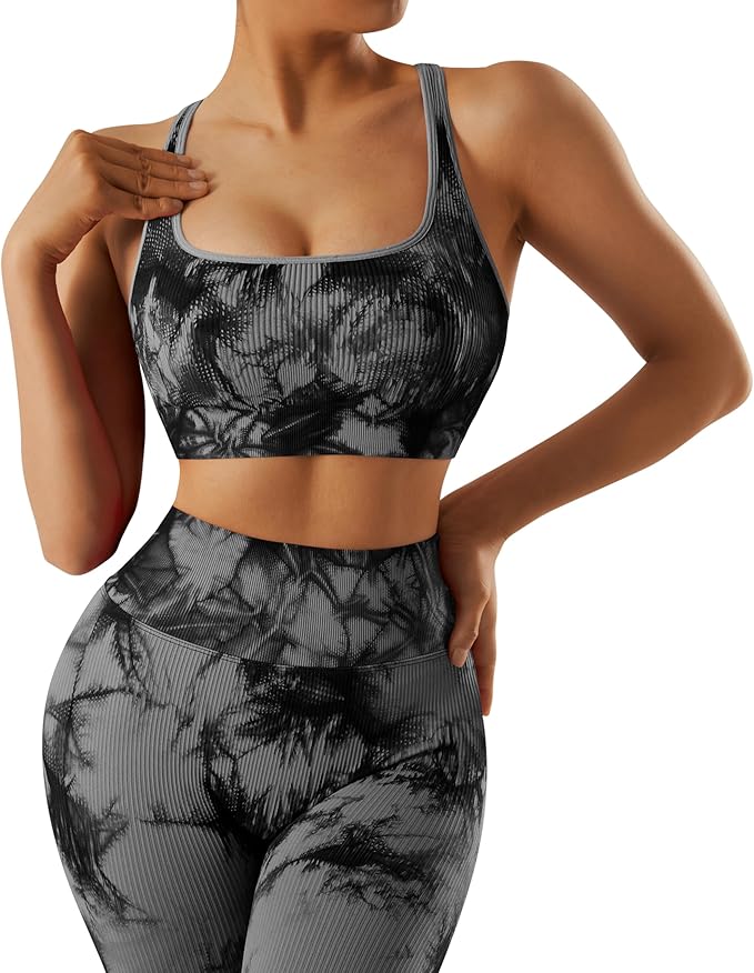 RXRXCOCO Ribbed Workout Sets for Women 2 Piece Backless Strappy Sports Bra Seamless Leggings Matching Set Yoga Outfits