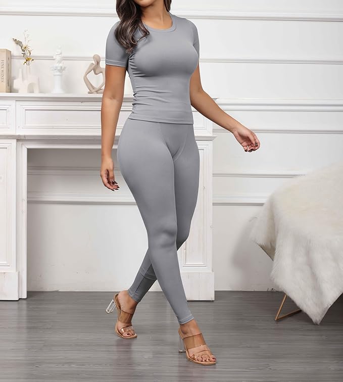 PINSV 2 Piece Sets for Women Summer Casual Jogger Workout Outfits Fitted Crew Neck T-shirt High Waist Legging Sets