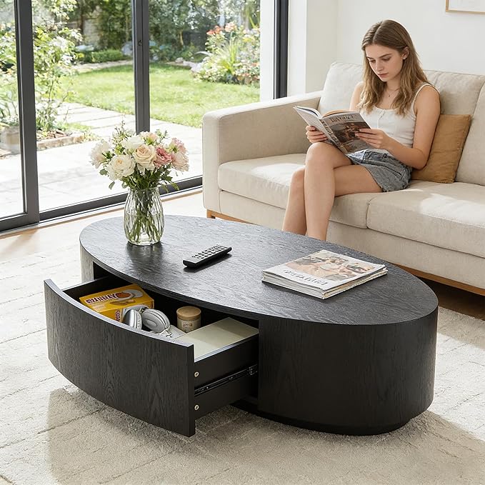 47.24" Oval Wood Coffee Table with Storage Drawer, MDF Center Table, Side Table, Dining Table for Living Room, Apartment, Office (Black)
