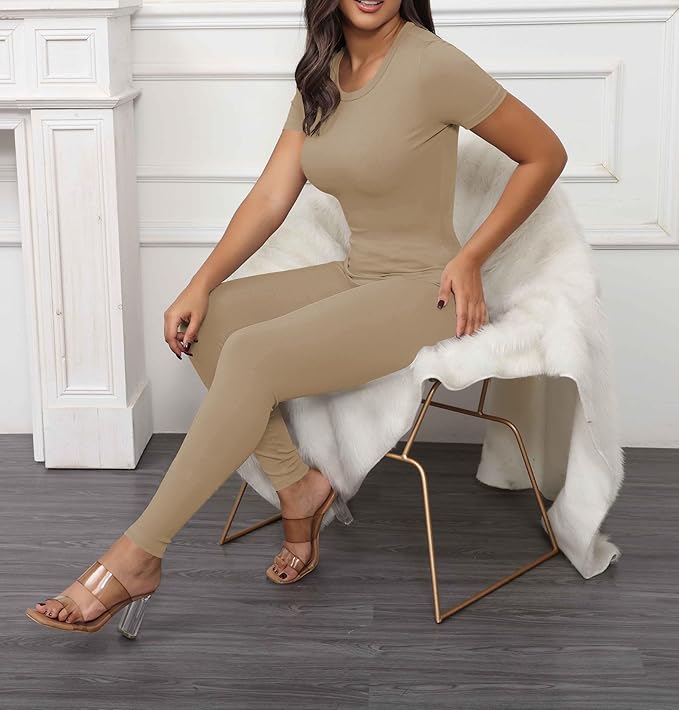 PINSV 2 Piece Sets for Women Summer Casual Jogger Workout Outfits Fitted Crew Neck T-shirt High Waist Legging Sets