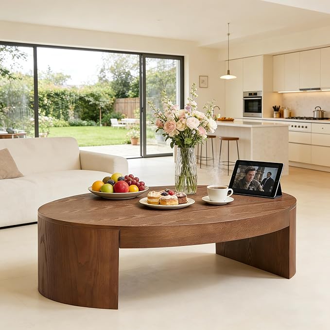 42.24” Modern Oval Coffee Table, MDF Center Table, Conference Table, Minimalist Accent Dinning Coffee Table for Living Room, Apartment,Office,Courtyard,No Assembly.(Walnut)