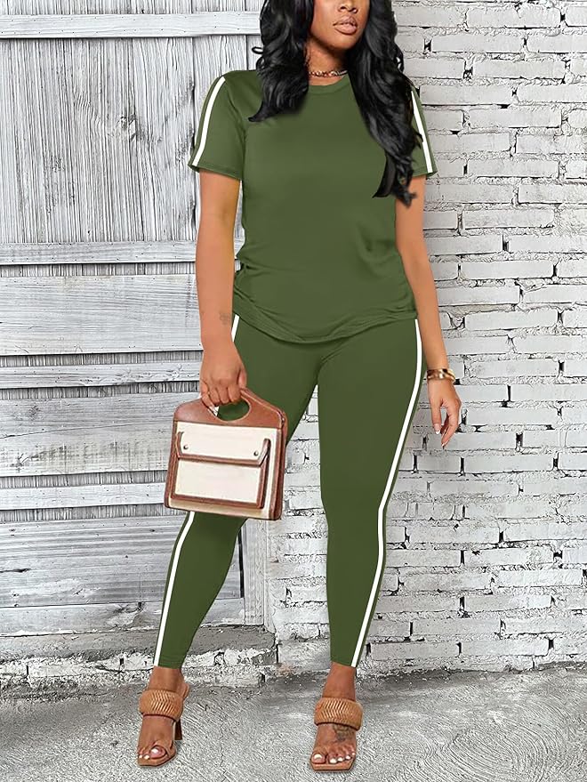Women's 2 Piece Outfits Sweatsuit Summer Workout Striped Short Sleeve Long Sweatpants Casual Jogging Lounge Set