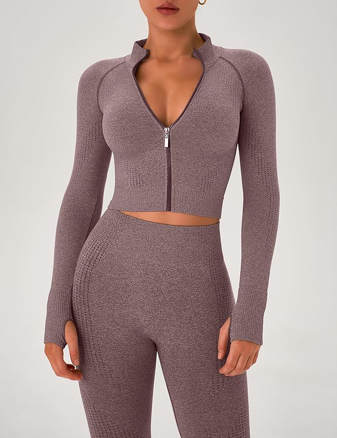 OLCHEE Womens Workout Sets 2 Piece Seamless Yoga Outfits Long Sleeve Zipper Jacket High Waist Leggings Butt Lifting Gym Set