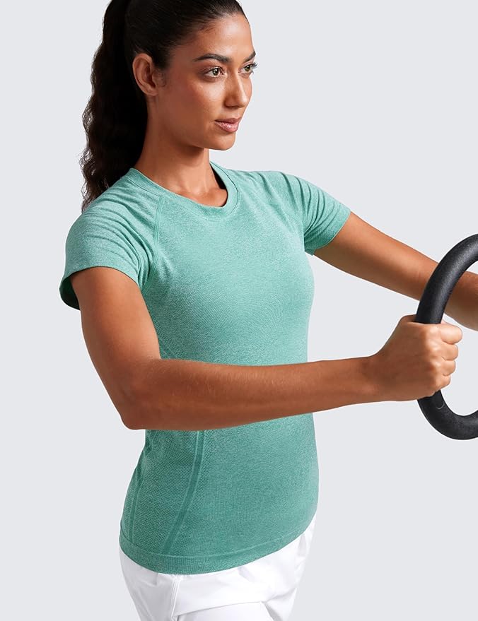 CRZ YOGA Seamless Workout Tops for Women Hip Length - Athletic Running Gym Yoga Short Sleeve Shirts Breathable Crewneck Tees
