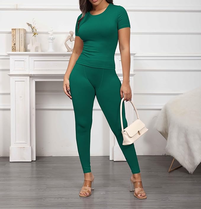 PINSV 2 Piece Sets for Women Summer Casual Jogger Workout Outfits Fitted Crew Neck T-shirt High Waist Legging Sets