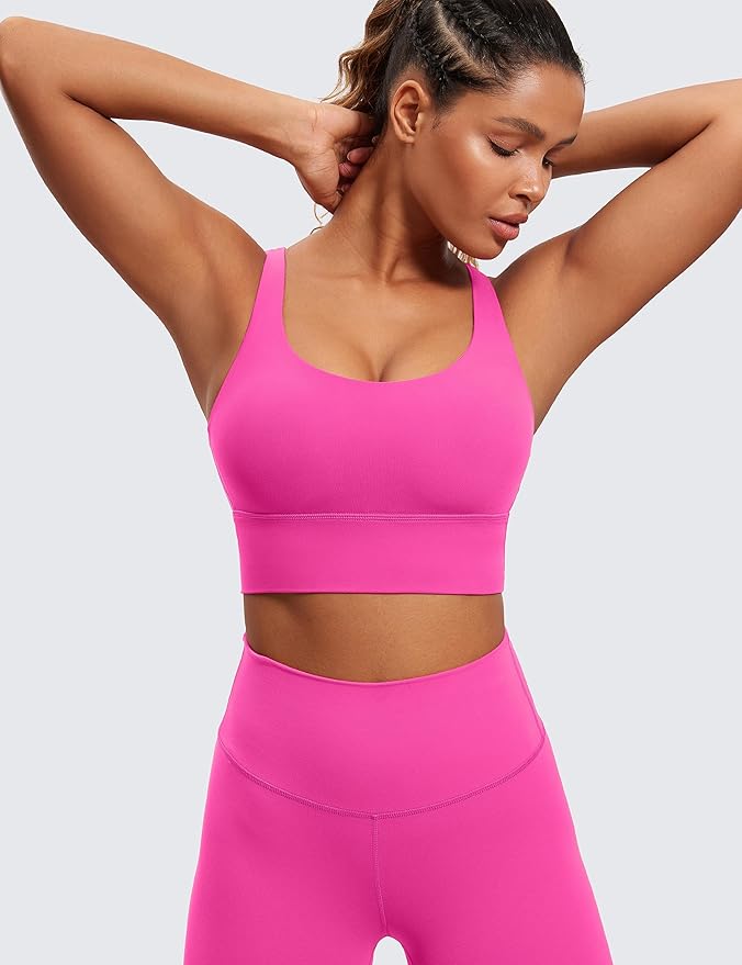 CRZ YOGA Naked Feeling Strappy Longline Sports Bras for Women - Medium Impact Criss Cross Yoga Padded Workout Crop Top