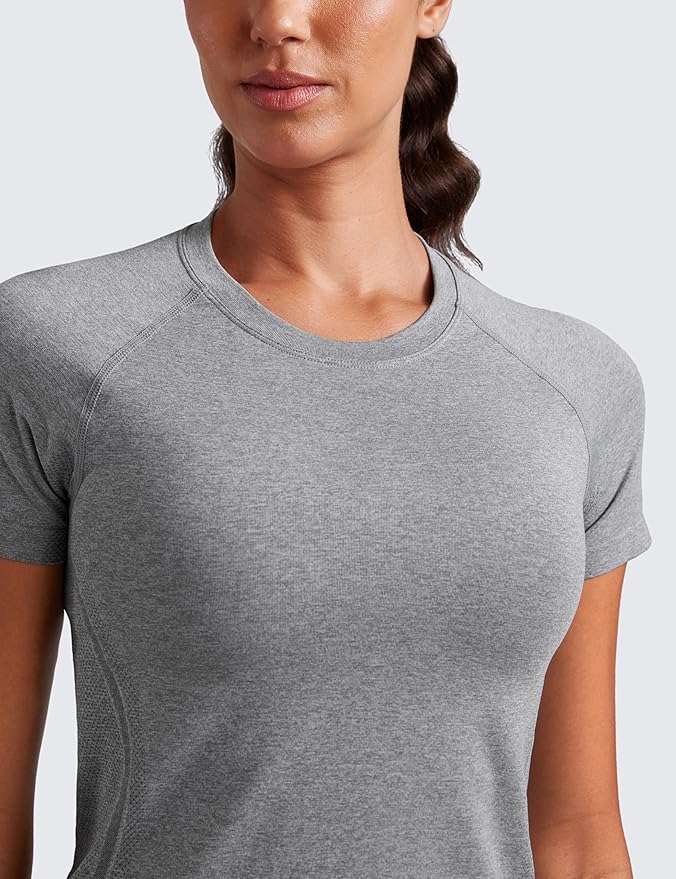 CRZ YOGA Seamless Workout Tops for Women Waist Length - Running Gym Athletic Yoga Short Sleeve Shirts Breathable Crewneck