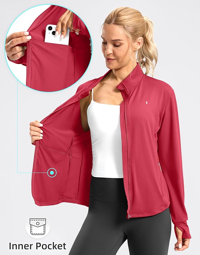 Soothfeel Women's UPF 50+ Lightweight Athletic Jackets Sun Protection Zip Up Long Sleeve Shirts Hiking Workout Outdoor Pocket