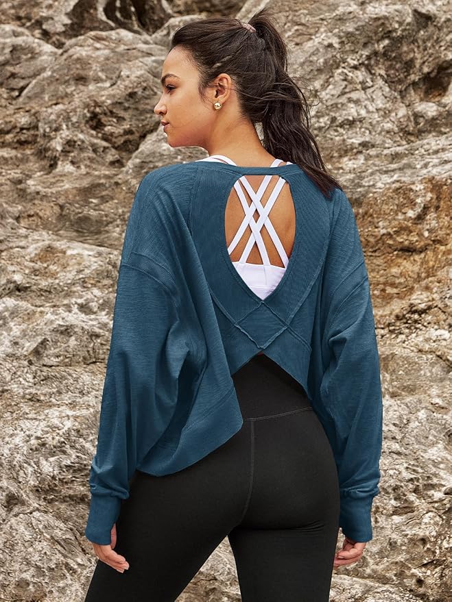 Panadila Womens Open Back Workout Top Long Sleeve Athletic Shirts Casual Crop Running Tee Y2k Yoga