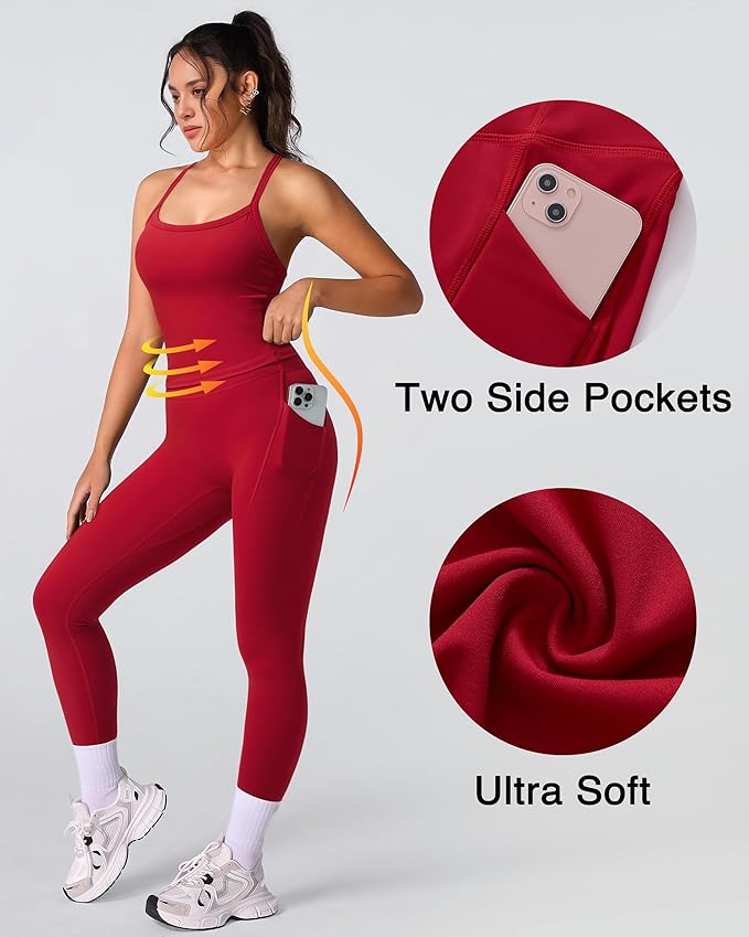 RXRXCOCO Cross Back Workout Sets for Women 2 Piece Padded Tank Tops Hidden Scrunch Leggings Gym Outfits with Pockets