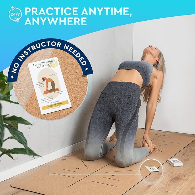 Natural Cork Yoga Mat with Alignment Lines and 55 Instructional Cards in 7 Themes for Beginner - Non-Slip Eco Friendly - 183x66x5mm for Home Workouts, Balance & Precision