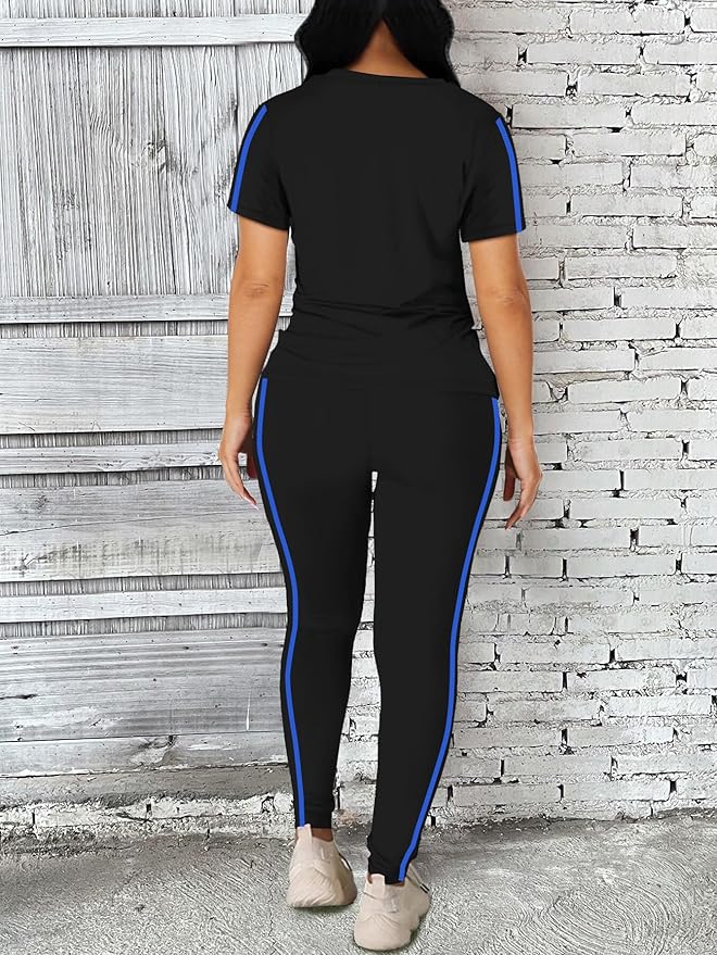 Women's 2 Piece Outfits Sweatsuit Summer Workout Striped Short Sleeve Long Sweatpants Casual Jogging Lounge Set