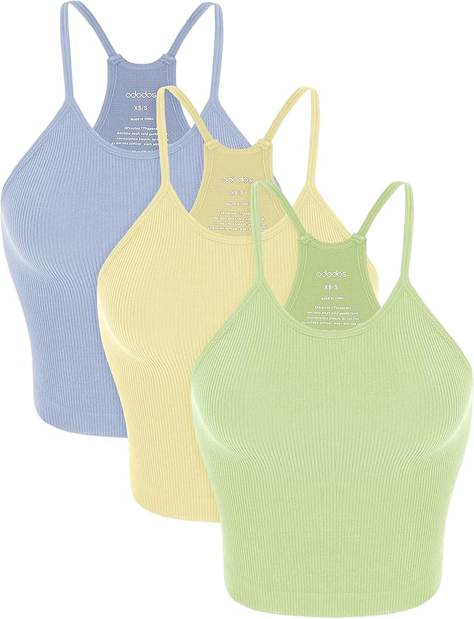 ODODOS Women's Crop 3-Pack Seamless Rib-Knit Camisole Crop Tank Tops