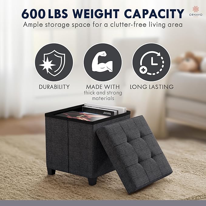 Ornavo Home Storage Ottoman with Legs, Square Cube Foot Rest Stool Seat, for Living Room, Bedroom, Home Office, Dorm - 15 x 15 x 15, Black