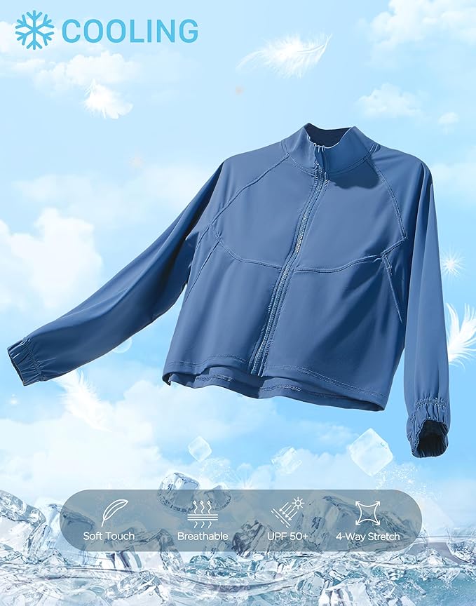 Soothfeel Women's Athletic workout Jacket Lightweight UPF 50+ Long Sleeve Sun Protection Shirts Zip Up Cropped Hiking Tops