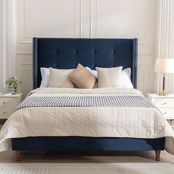 Upholstered Bed Frame, 54" Tall Headboard Wingback Upholstered Platform Bed Frame for Kids Teens Adults Bedroom Strong Wood Slats Support/No Box Spring Needed (Blue, King)