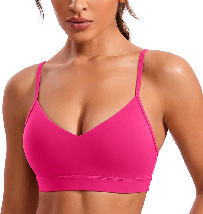 CRZ YOGA Butterluxe V-Neck Sports Bras for Women - Adjustable Thin Straps Padded Yoga Top Basic Wireless Camisole