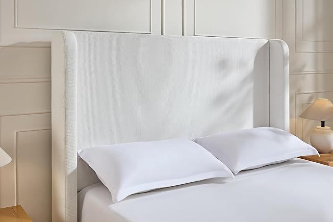 Upholstered Bed Frame King Size, 54" Tall Headboard Wingback Upholstered Platform Bed Frame for Adults Bedroom Strong Wood Slats Support/No Box Spring Needed/Easy Assembly, Cream White