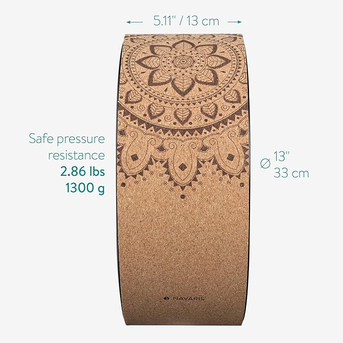Navaris Cork Yoga Wheel - Prop for Stretching, Flexibility, Back Bends - Helps Deepen Poses and Stretch Back, Shoulders, Chest - 13" (33cm) Diameter