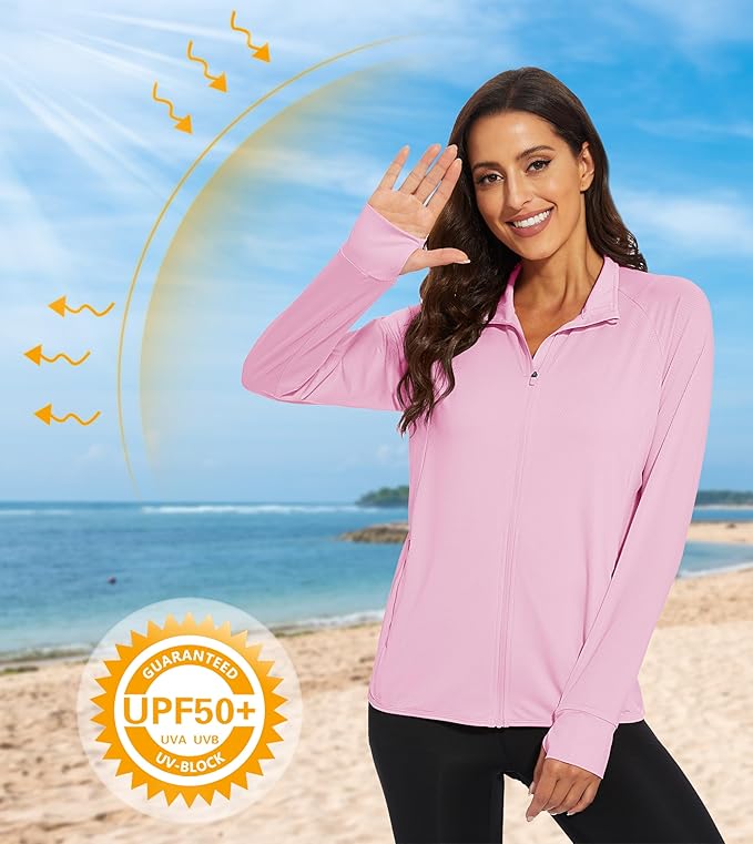 MAGCOMSEN Women's UPF 50+ Lightweight Athletic Jacket Sun Protection Full Zip Long Sleeve Shirts Hiking Outdoor Pockets