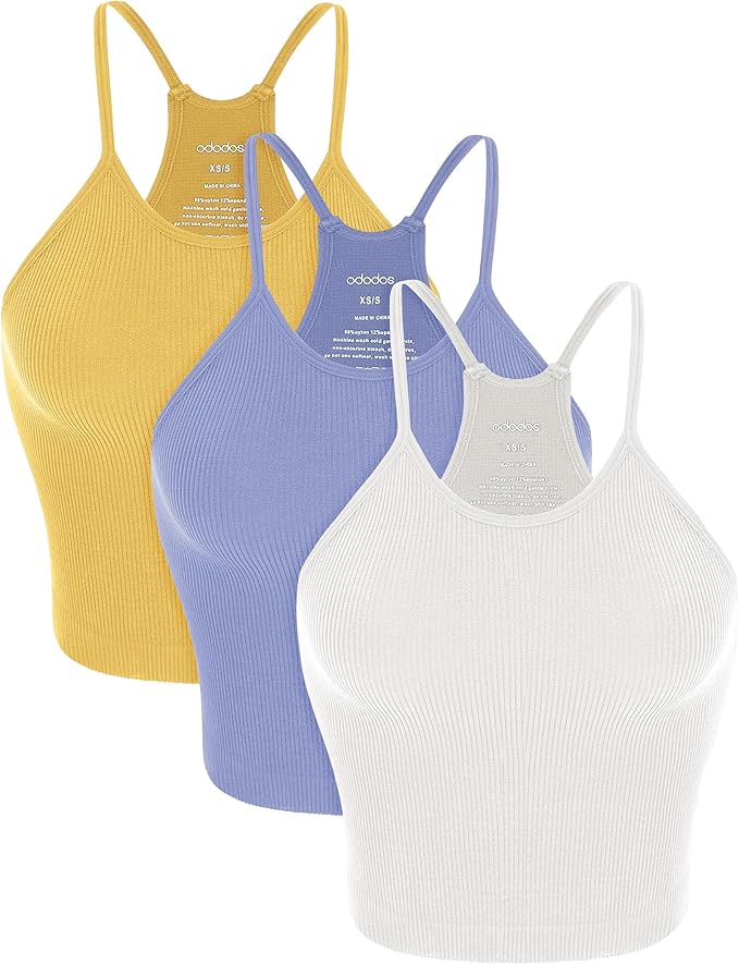 ODODOS Women's Crop 3-Pack Seamless Rib-Knit Camisole Crop Tank Tops