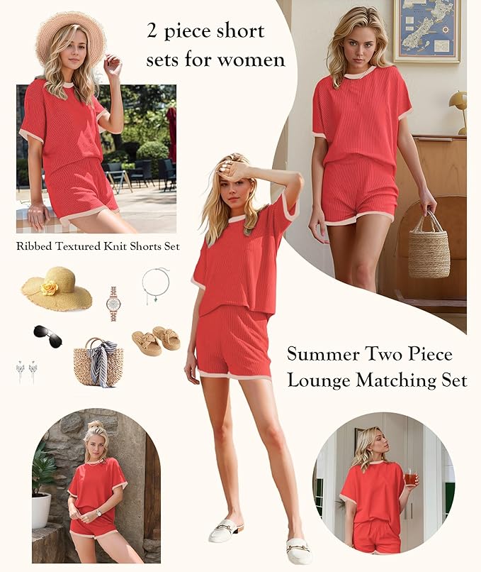 MARZXIN Women 2 Piece Shorts Set 2026 Casual Summer Cruise Outfits Ribbed Loose Short Sleeve Pocket Matching Lounge Sets
