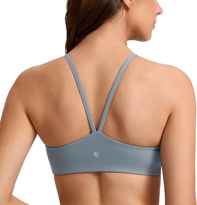 CRZ YOGA Butterlift Double Lined V Back Sports Bras for Women - Scoop Neck Spaghetti Strap Wireless Yoga Top Non Padded