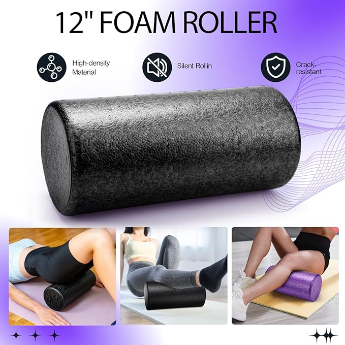 Soulchen 12 Pcs Foam Roller Set - 6 in 1 Deep Muscle Recovery Kit Includes Back Roller, Massage Ball, Muscle Stick, Fasciitis Ball, Stretch Strap & Bag for Body Physical Exercise Therapy, 2 Set