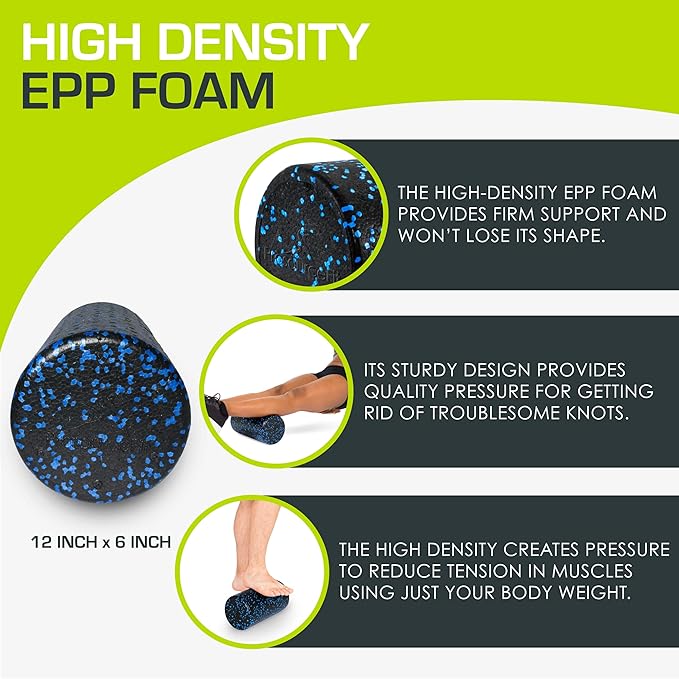 ProsourceFit High Density Foam Rollers 12 - inches long, Firm Full Body Athletic Massage Tool for Back Stretching, Yoga, Pilates, Post Workout Muscle Recuperation, Black/Blue