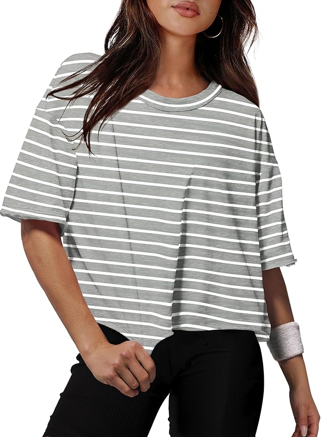 XIEERDUO Cotton Tshirts for Women Drop Shoulder Round Neck Oversized Crop Tops Workout Tops Tees