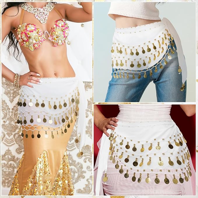 Belly Dance Hip Scarf Belly Dance Skirt 3-Layer Gold Sequins and Coins, Suitable for Yoga, Belly Dance, Performance