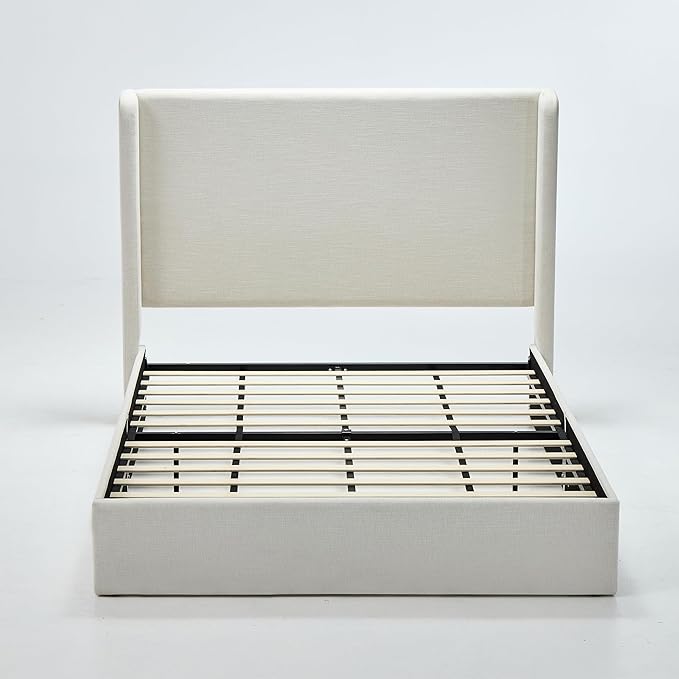 King Size Upholstered Platform Bed Frame, Tall Headboard Carmen Wingback Beds, 52.3" High Headboard Floor Bed Frames, No Box Spring Needed No Noise, Minimalist, Textured Ivory Canvas
