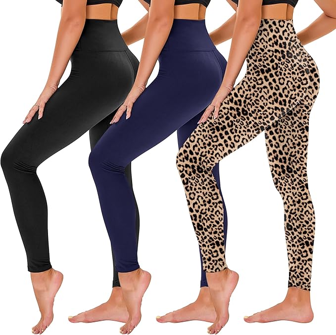 TNNZEET 3 Pack Leggings for Women - Black Tummy Control High Waisted Soft Yoga Pants for Workout Gym Running with Pockets
