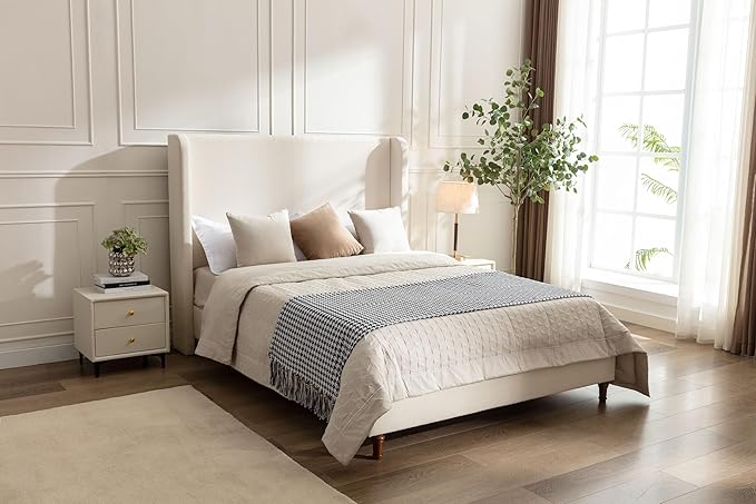 Upholstered Bed Frame Queen Size, 54" Tall Headboard Wingback Upholstered Platform Bed Frame for Kids Teens Adults Bedroom Strong Wood Slats Support/No Box Spring Needed/Easy Assembly, Beige
