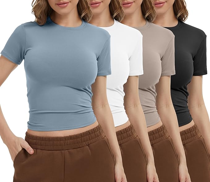 Dalavch 4 Pack Women's Workout Shirts Compression Short Sleeve Crew Neck Running Yoga Gym Athletic Fitted Crop T-Shirts Top