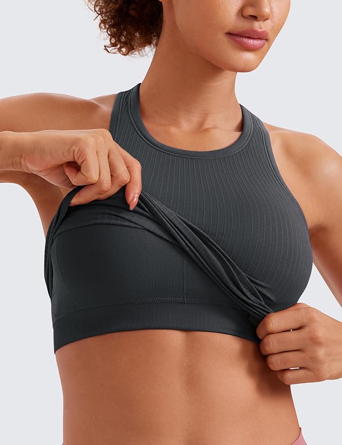 CRZ YOGA Seamless Ribbed High Neck Crop Tank Tops for Women - Longline Racerback Padded Sports Bras